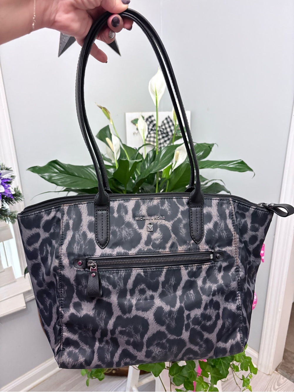 MICHAEL KORS Black Gray Leopard-Print Nylon Tote Bag with luggage pocket